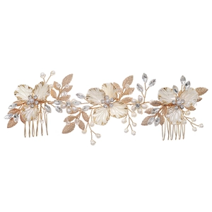 Peigne à cheveux de mariée doré avec fleurs blanches, perles et strass scintillants