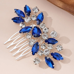 Sparkling silver hair comb with royal blue crystals and rhinestones for bridal styling