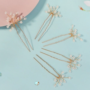 Set di 5 forcine per capelli da sposa con perle bianche e filo d'oro in design floreale