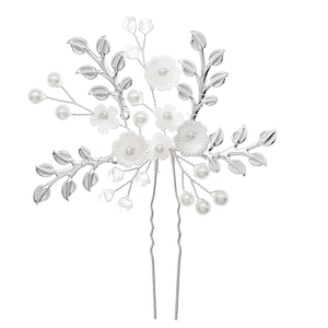 Épingle à cheveux de mariée avec perles blanches, feuilles argentées et fleurs en cristal
