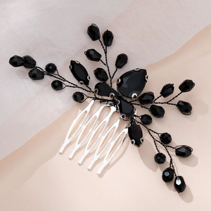Handmade bridal hair comb with black crystals and silver 5-tooth metal base