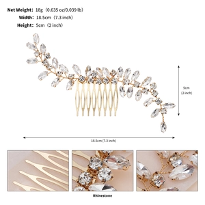 Detailed view of golden bridal hair comb with rhinestone leaves showing 18.5cm width size