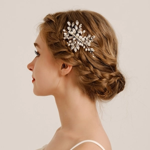 Elegant bridal hair comb with pearls and crystals on silver wire for wedding hairstyles