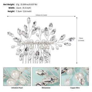 Detail showing dimensions of 11x7.3cm for handmade pearl and rhinestone bridal hair comb