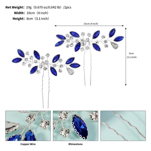 Détail d'épingles à cheveux de mariée en strass bleus avec fil argenté et mesures