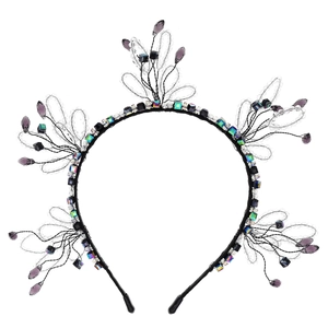 Handmade headband with purple crystals and aurora beads on black metal wire