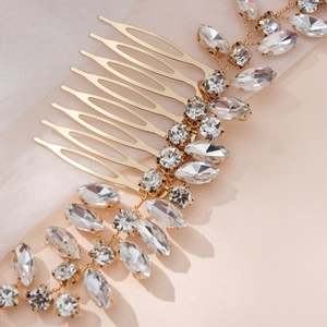 Elegant gold bridal hair comb with marquise rhinestones and handmade leaf vine design