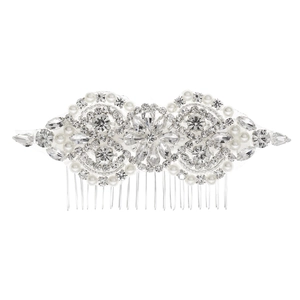 Luxurious bridal hair comb with sparkly rhinestones and white pearls on silver base