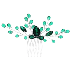 Handmade emerald green crystal bridal hair comb with silver leaf vine design