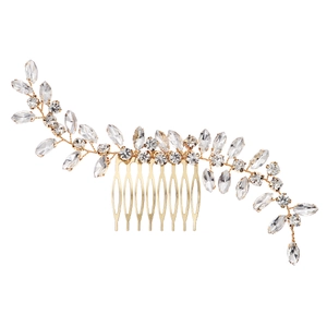 Elegant gold bridal hair comb with crystal leaves and marquise rhinestones for weddings