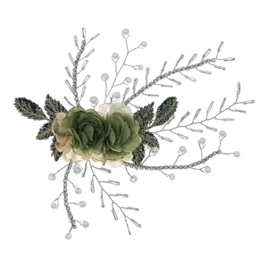 Handmade bridal flower hair comb with dark green roses, pearls and crystal accents