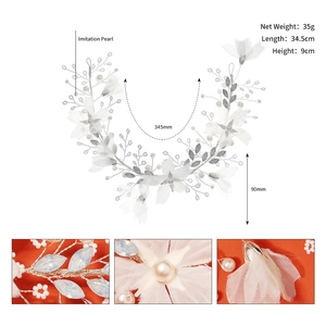 Detail of bridal headband showing imitation pearls and fabric flowers with dimensions