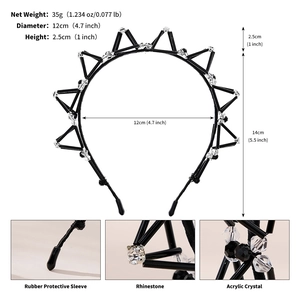 Detail view of black crystal headband showing rhinestones and rubber protective tips