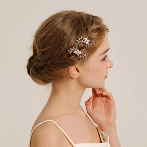 Luxe Gouden Legering Strass Blad Haarspelden Met Imitatie Kunstparels Elegante U Vormige Haarstokjes Voor Bruid Bruiloft Feest Sieraden