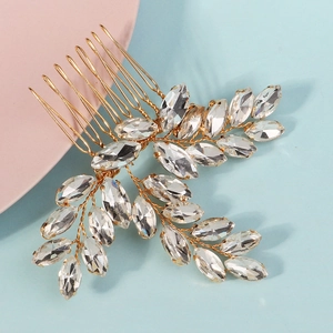 Exquisite gold bridal hair comb with marquise rhinestones and leaf-shaped crystal design