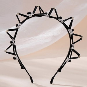 Elegant black geometric triangle headband with sparkling crystals and beads on soft tulle