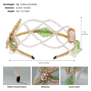 Detail view of handmade beaded headband featuring crystal flowers and white pearls