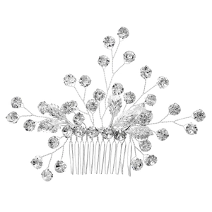 Elegant silver bridal hair comb with crystal floral branches and metallic leaf accents