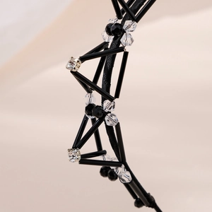 Handmade black crystal beaded headband with geometric triangle design for women