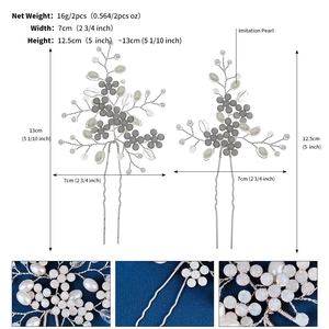 Detail of silver bridal hair pins with pearls and crystals showing size dimensions