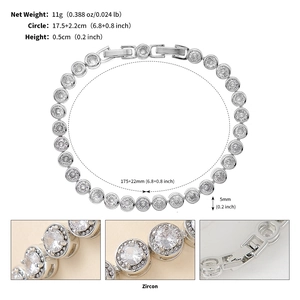Vue détaillée du bracelet en zircon argenté montrant le sertissage et les dimensions