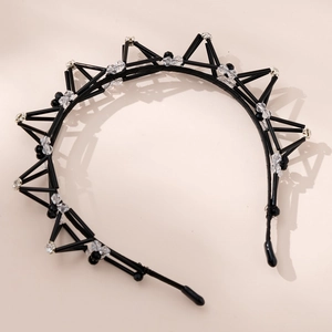 Elegant geometric black triangle headband with crystal beads and minimalist crown style design