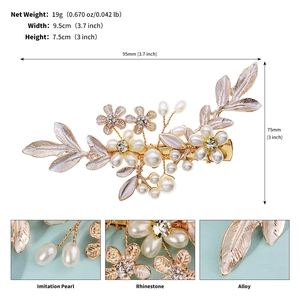 Detail view of floral leaf hair clip with pearls and rhinestones showing exact dimensions