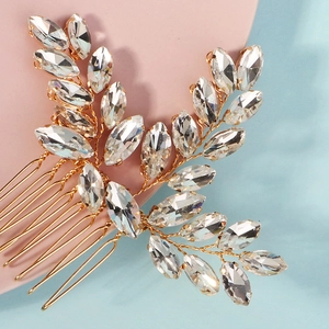 Handmade gold leaf bridal hair comb with sparkling crystals for wedding hair styling