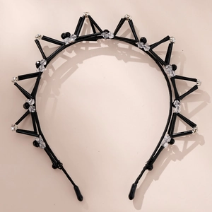 Serre-tête perlé noir fait main avec strass en cristal facetté et design géométrique zigzag