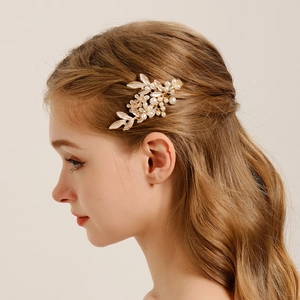 Vintage Golden Alloy Leaf Artificial Pearl Flower Hair Clip Elegant Rhinestone Wedding Bridal Duckbill Side Clip Hair Accessories