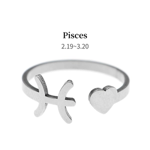 Detailed close-up of silver Pisces zodiac open ring featuring heart and constellation sign
