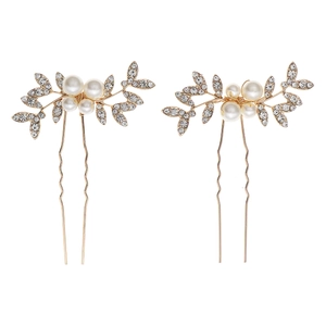 Gouden haarspelden set met witte parels en glinsterende strass steentjes bladeren