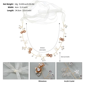 Détail du bandeau de mariée avec fleurs, cristaux blancs, dentelle et fil doré poli