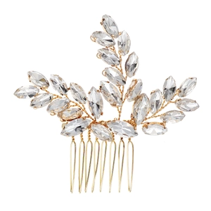 Elegant bridal gold hair comb featuring marquise rhinestones in a leaf branch design