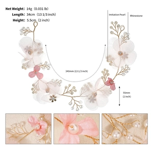 Detail showing dimensions and textures of the pink floral bridal headband with rhinestones
