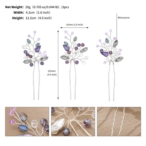 Detailed view of handmade purple crystal bridal hair pins with size and weight specs