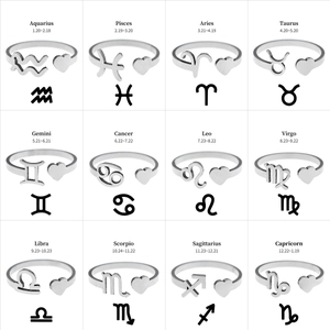 Adjustable stainless steel zodiac rings collection with heart detail in white background