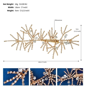 Detailed view of luxury rhinestone bridal hair clip showing dimensions 18x9cm and 18g weight