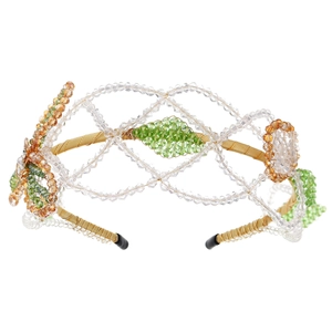 Handmade forest style headband with green and amber crystal beads on a gold wire base