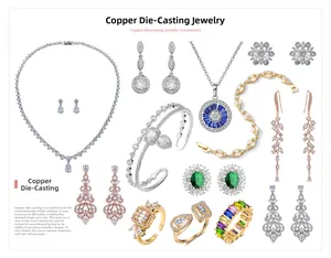 Catalogue détaillé montrant une parure de bijoux en cuivre avec zircons colorés