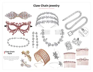 Détail d'accessoires de mariage en cuivre argenté et doré avec strass et chaînes à griffes