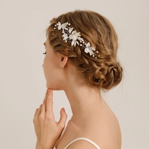 Bridal Hair Comb Hairpin Set Silver Leaf Flower Alloy Imitation Artificial Pearl Headpiece Wedding Women Vintage Hair Accessories