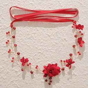 Handmade red flower bridal headband with crystal pearls and silk ribbons for weddings