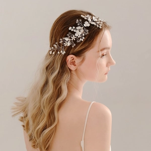 Handmade Silver Bridal Hair Vine With Imitation Artificial Pearl Crystal Flower Leaf Wedding Headband For Women Party Hair Accessories