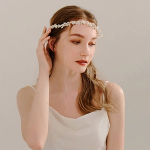 Handmade Floral Bridal Hair Band White Flower Rhinestone Artificial Pearl Gold Copper Wire Headpiece For Wedding Party Women Jewelry