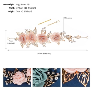 Detail view of handmade floral bridal headband with dimensions and weight specifications