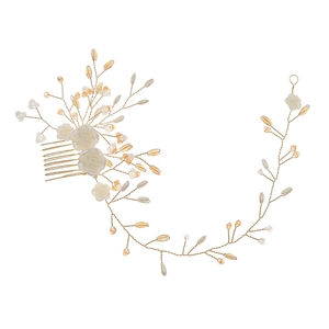 Elegant bridal hair comb set with white resin roses, crystals and pearls on champagne gold wire
