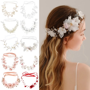 Handmade Bridal Flower Hair Band Forest Style Fabric Artificial Pearl Headpiece Romantic Wedding Party Women Hair Accessories Ribbon Headband