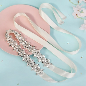 Elegant rhinestone bridal belt with white silk ribbon for wedding and formal evening dresses