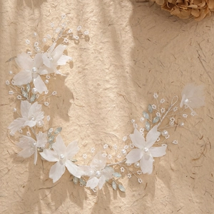 Handmade bridal headband with white silk flowers, pearls and light blue beads for weddings
